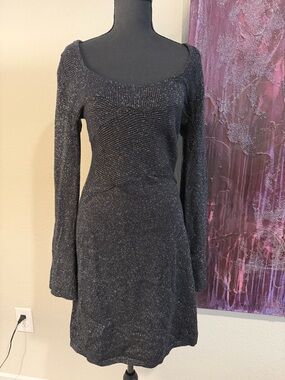 WHBM Black Metallic Knit Long-Sleeve Dress